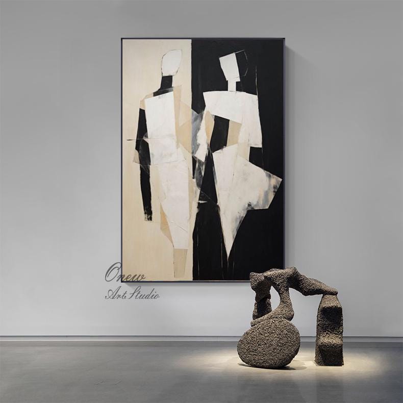 Large Abstract Figure Canvas Wall Art, Modern Hand-painted Geometric Oil Painting on Canvas, Minimalist Wall Art for Living Room, Home Décor