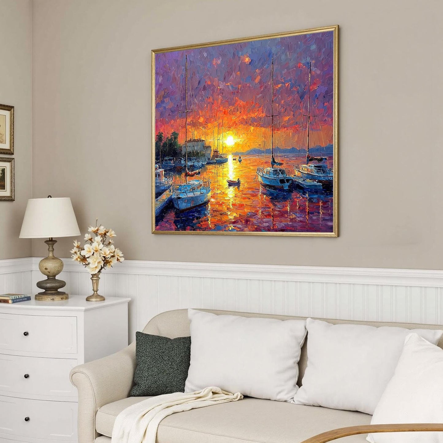 Vibrant Sunset Harbor Painting – Orange and Pink Sailboat 3D Texture Wall Art | Textured Painting, view 4