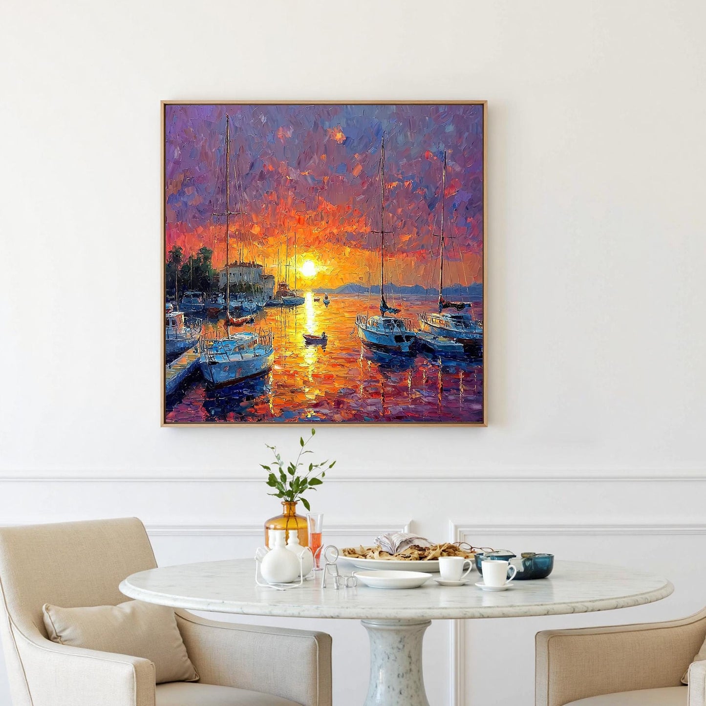 Orange and Pink Textured Sailboat 3D Texture Wall Art – Vibrant Sunset Harbor Painting