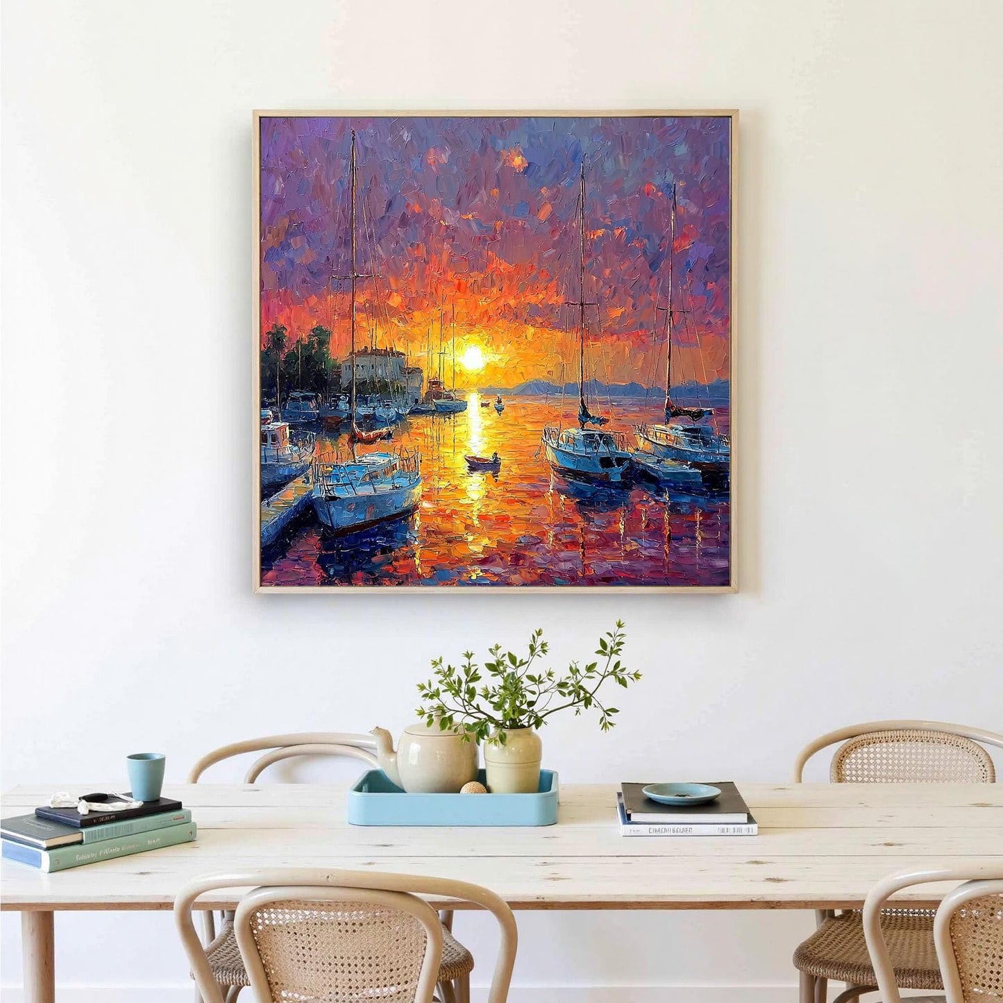 Orange and Pink Textured Sailboat 3D Texture Wall Art – Vibrant Sunset Harbor Painting