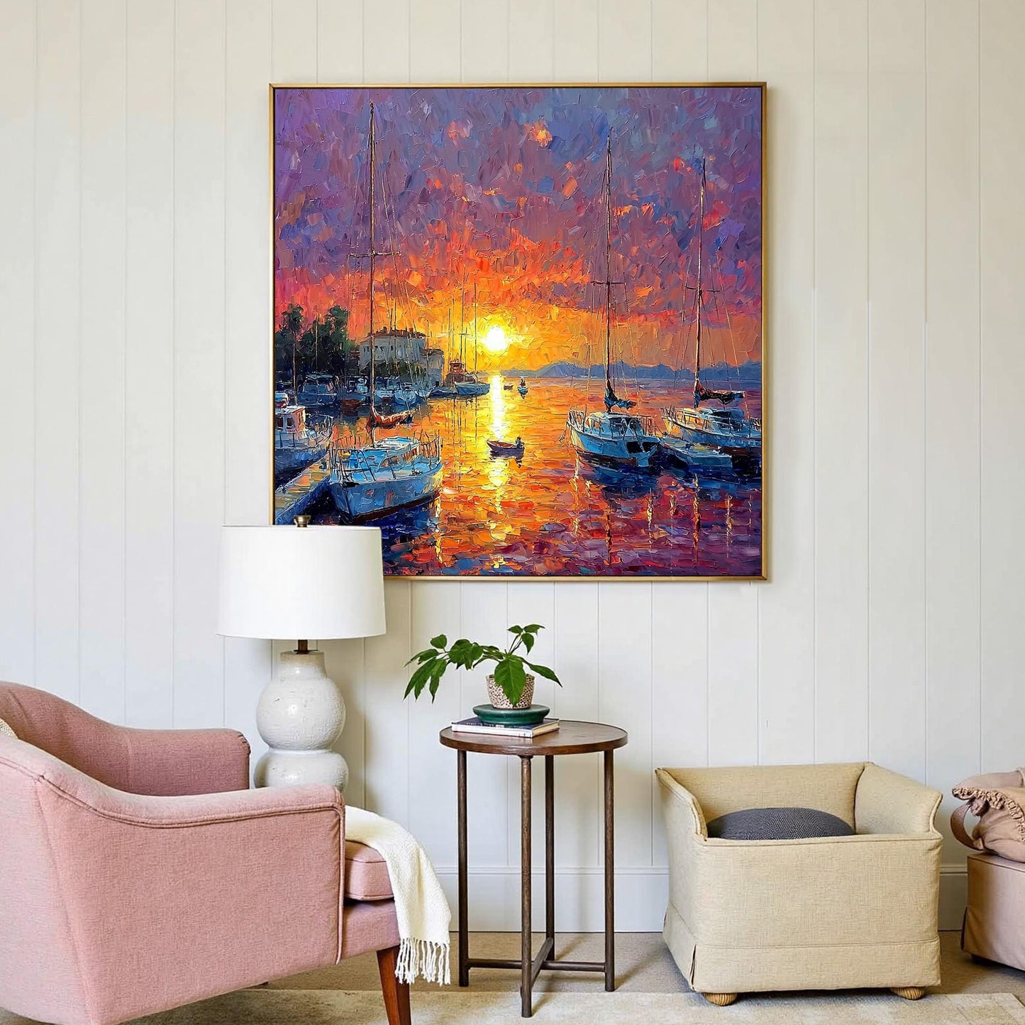 Orange and Pink Textured Sailboat 3D Texture Wall Art – Vibrant Sunset Harbor Painting