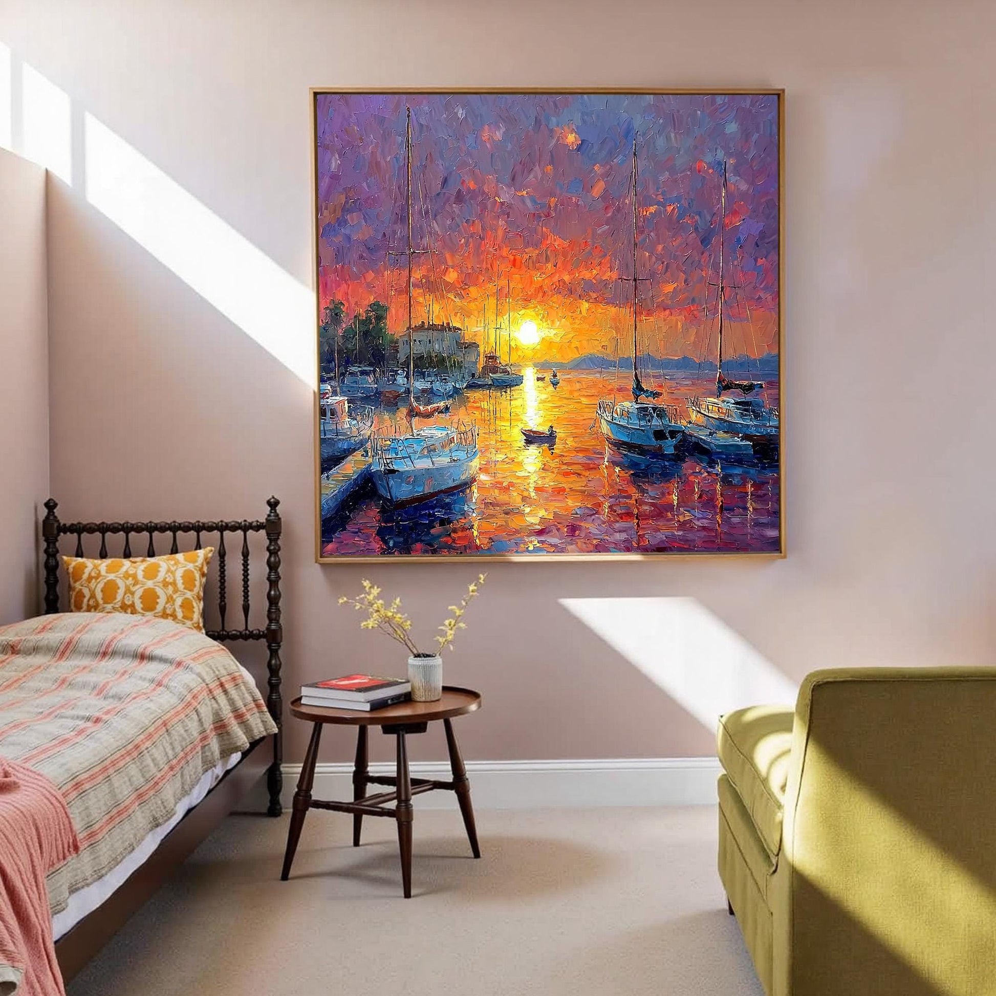 Vibrant Sunset Harbor Painting – Orange and Pink Sailboat 3D Texture Wall Art | Textured Painting, view 2