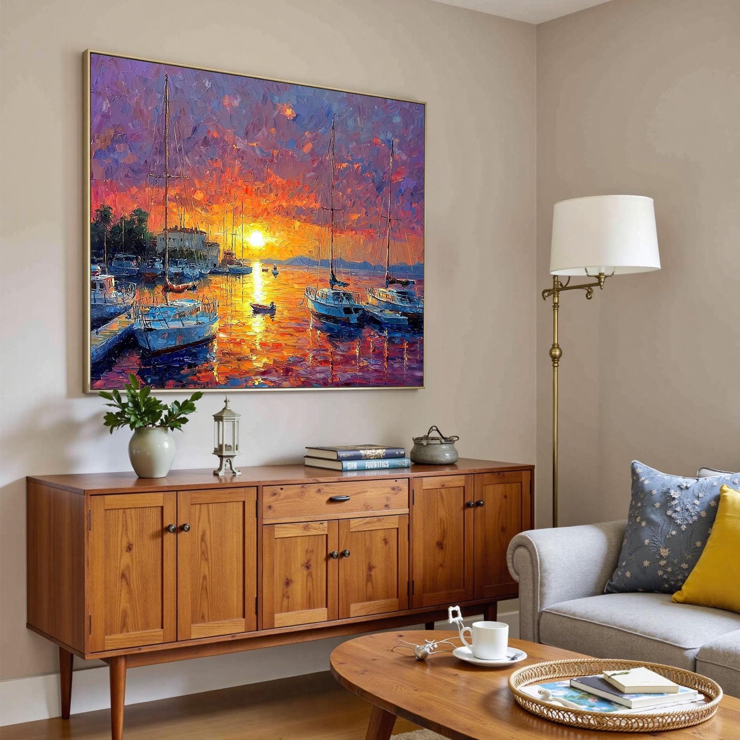 Vibrant Sunset Harbor Painting – Orange and Pink Sailboat 3D Texture Wall Art | Textured Painting, view 5