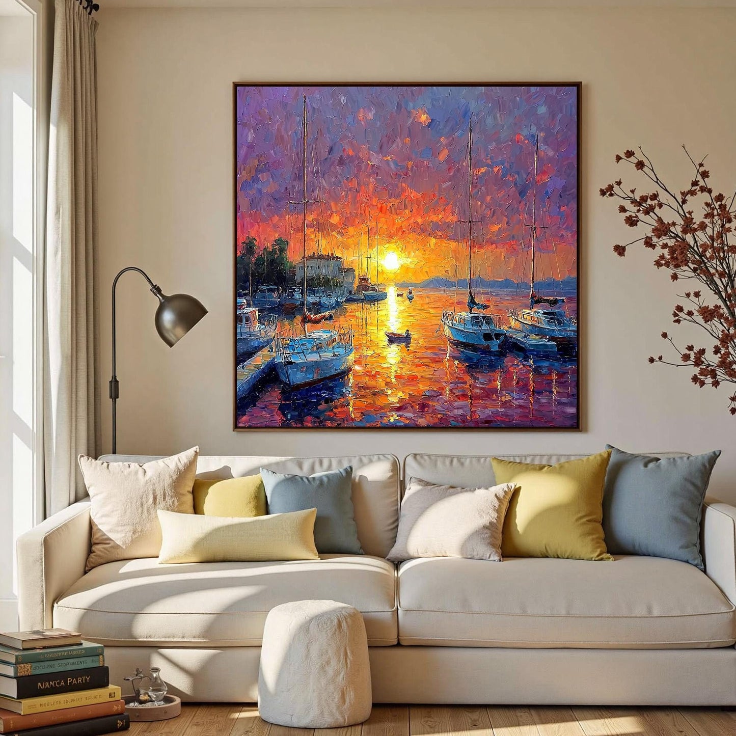 Vibrant Sunset Harbor Painting – Orange and Pink Sailboat 3D Texture Wall Art | Textured Painting, view 1