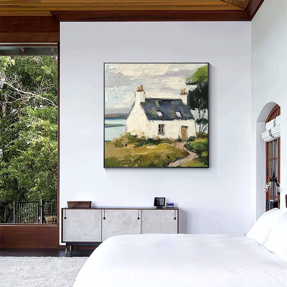 Coastal Cottage Landscape Wall Art Green White House Canvas Painting for Living Room Decor