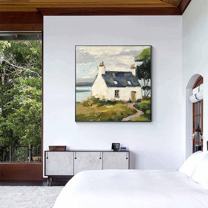 Coastal Cottage Landscape Wall Art Green White House Canvas Painting for Living Room Decor