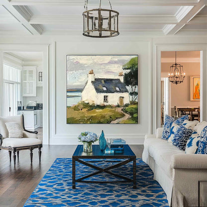 Coastal Cottage Landscape Wall Art Green White House Canvas Painting for Living Room Decor