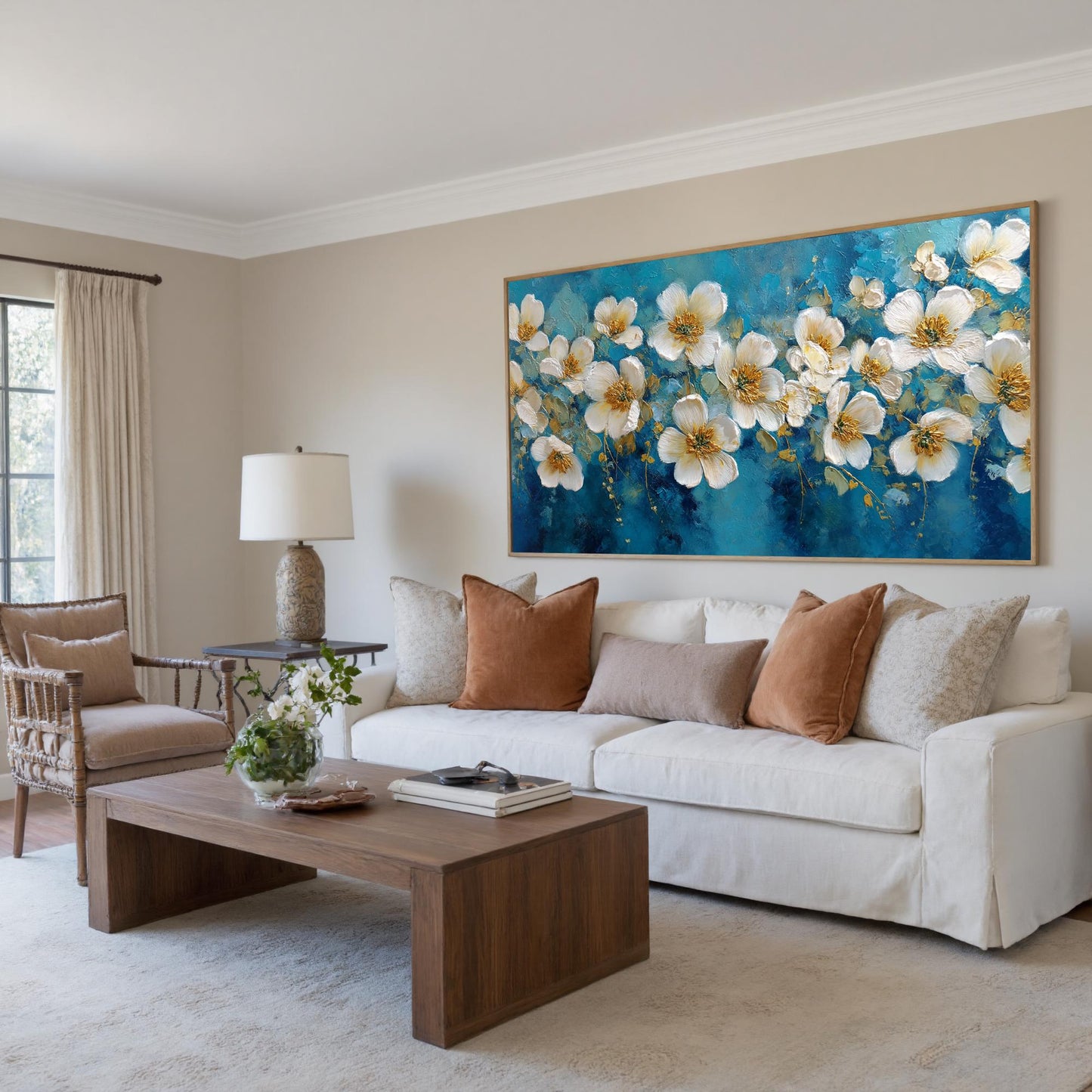 Abstract White Blossom Painting, Textured Floral Wall Art, Modern Living Room Decor – Blue and Gold Floral Wall Art | Abstrac