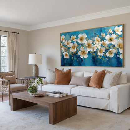 Abstract White Blossom Painting, Textured Floral Wall Art, Modern Living Room Decor – Blue and Gold Floral Wall Art | Abstrac