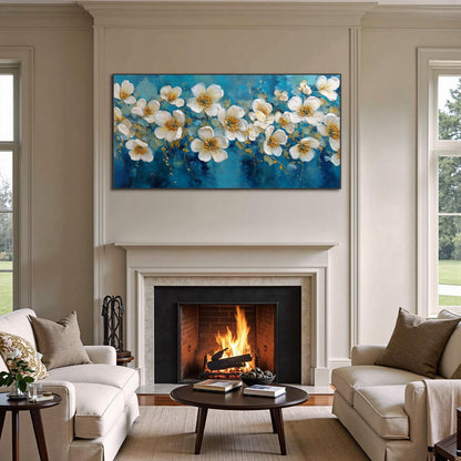 Blue and Gold Abstract Textured Floral Wall Art – Abstract White Blossom Painting