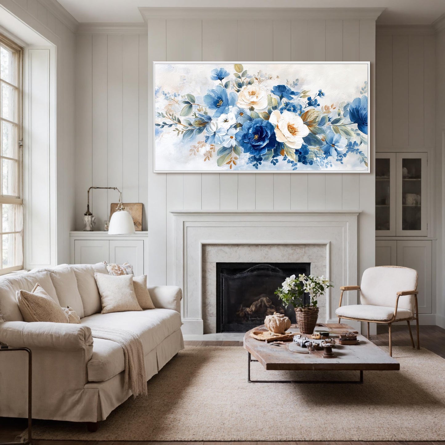 Blue and White Abstract Textured Floral Wall Art – Elegant Flowers Decor