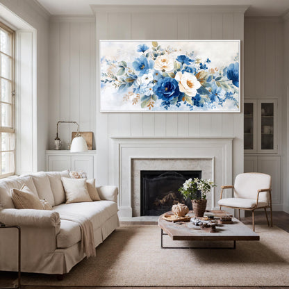 Blue and White Abstract Textured Floral Wall Art – Elegant Flowers Decor