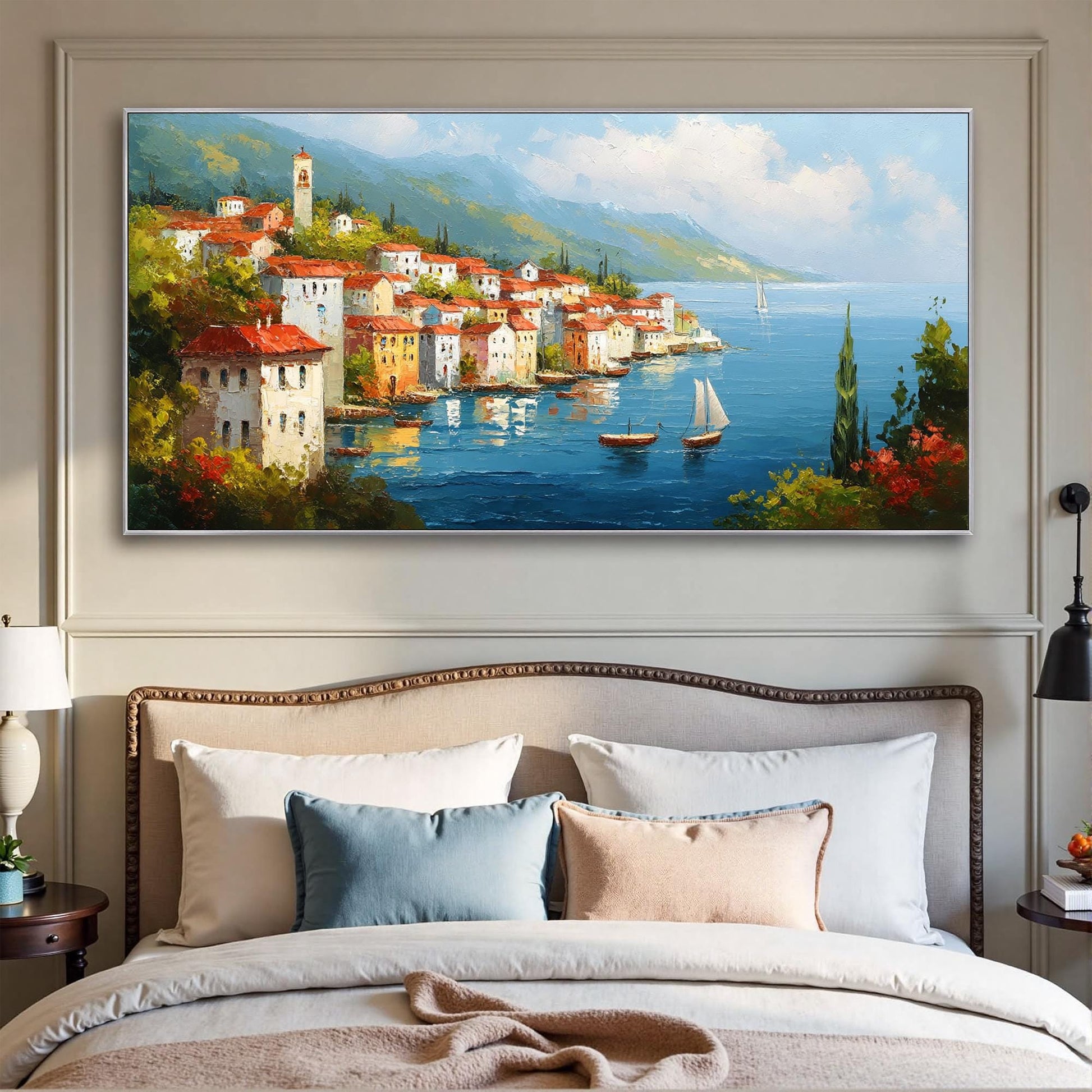 Textured Oil Painting, Coastal Village Landscape, Houses Sailboats Seaside Art – Village City Architecture Wall Art | Texture