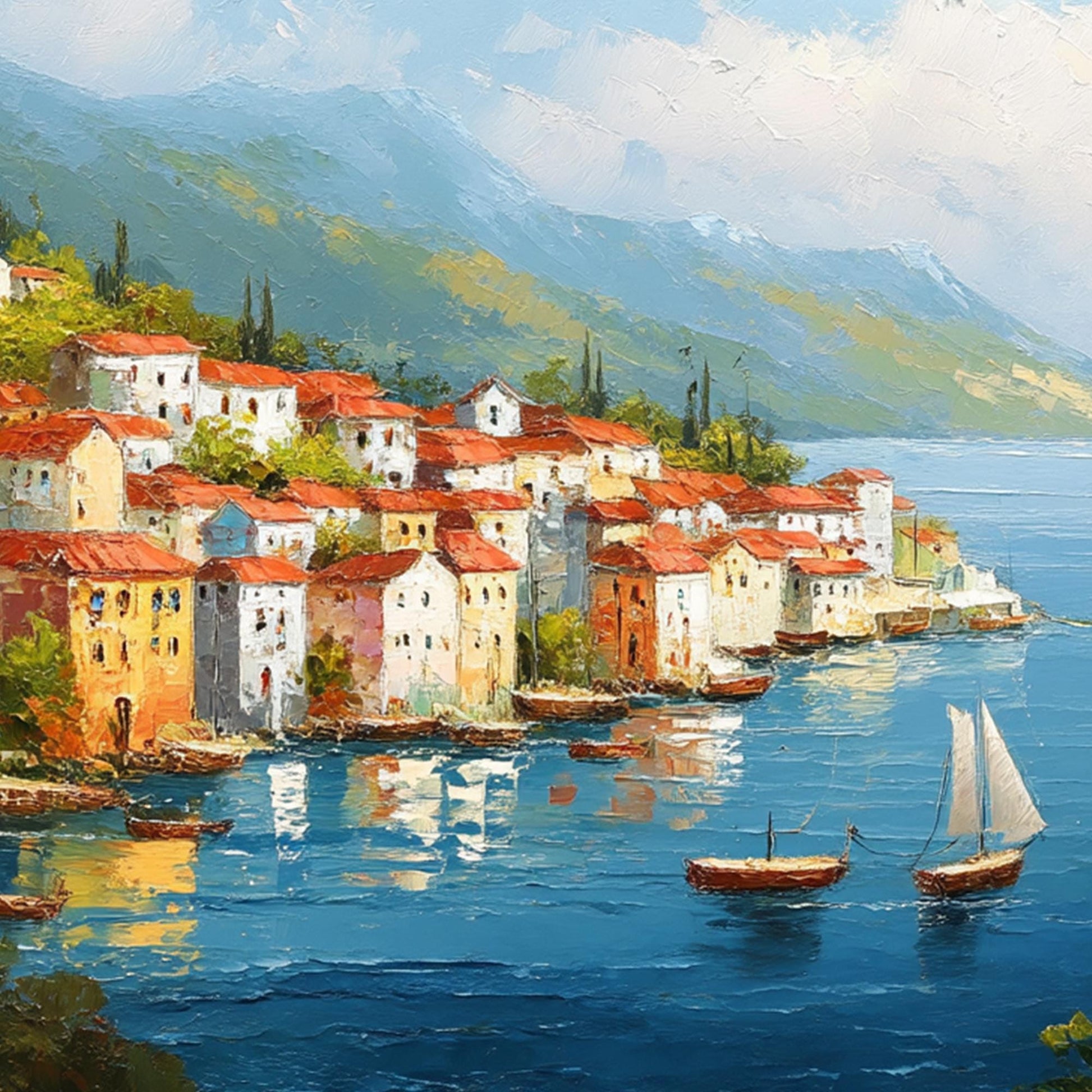 Textured Oil Painting, Coastal Village Landscape, Houses Sailboats Seaside Art – Village City Architecture Wall Art | Texture
