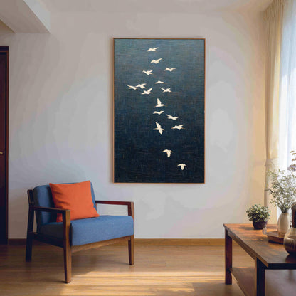 White Crane Bird Flock Wall Art Dark Blue Textured Canvas Painting for Entryway Decor