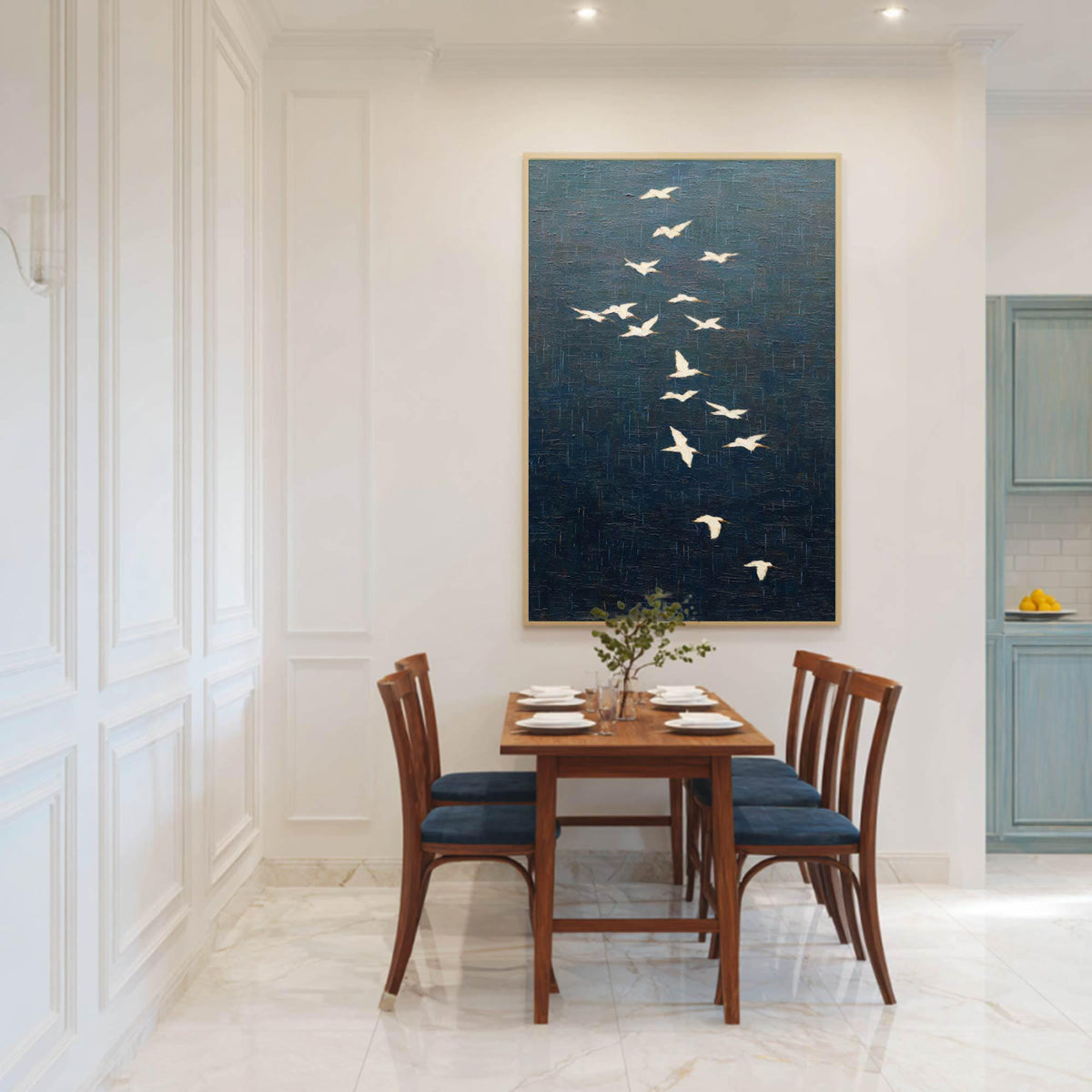 White Crane Bird Flock Wall Art Dark Blue Textured Canvas Painting for Entryway Decor