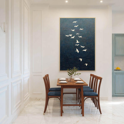 White Crane Bird Flock Wall Art Dark Blue Textured Canvas Painting for Entryway Decor