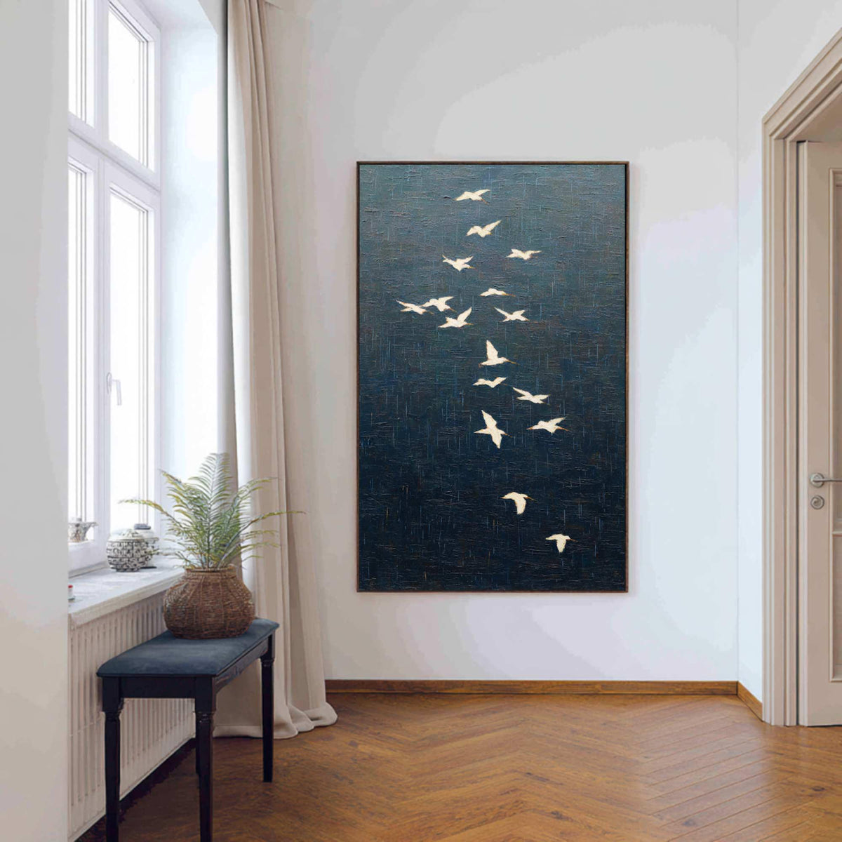 White Crane Bird Flock Wall Art Dark Blue Textured Canvas Painting for Entryway Decor