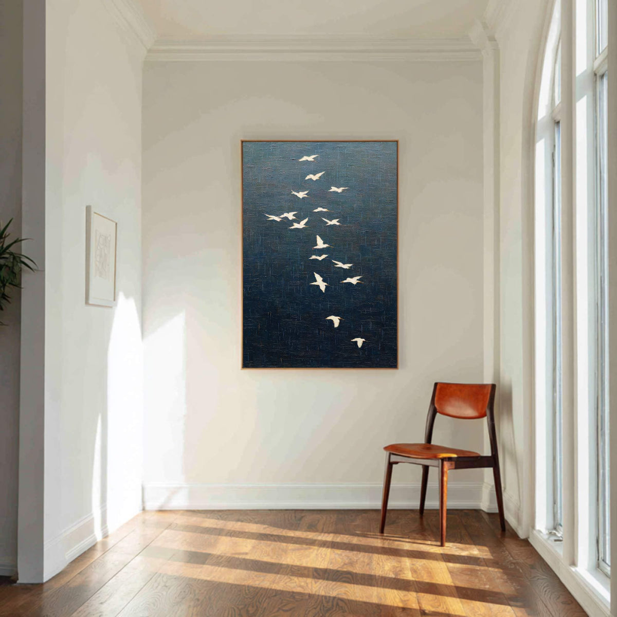 White Crane Bird Flock Wall Art Dark Blue Textured Canvas Painting for Entryway Decor