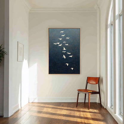 White Crane Bird Flock Wall Art Dark Blue Textured Canvas Painting for Entryway Decor