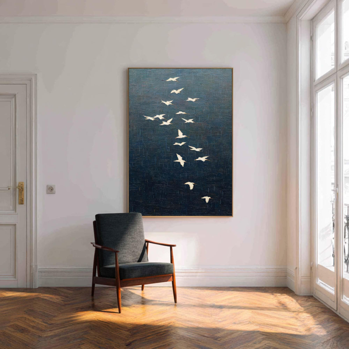 White Crane Bird Flock Wall Art Dark Blue Textured Canvas Painting for Entryway Decor