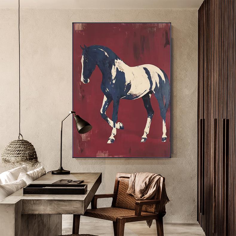 May include: A large rectangular canvas print featuring a horse in a walking pose. The horse is depicted in white and navy blue against a deep red background. The artwork has a textured, painterly style.