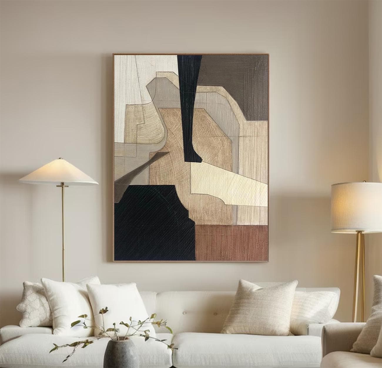 Black Beige Abstract Canvas Painting – Minimalist Wabi-Sabi Wall Art – Abstract Painting