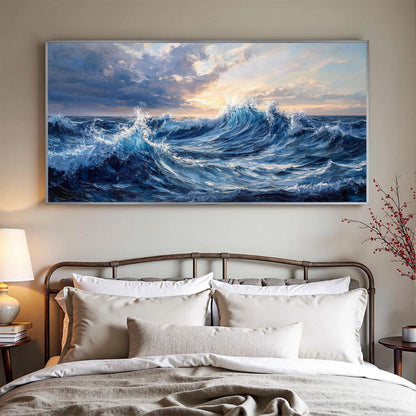 Abstract Ocean Wave Impasto Oil Painting, Blue Sunrise Seascape Wall Art – Blue Ocean Wave Seascape Wall Art | Abstract Impas