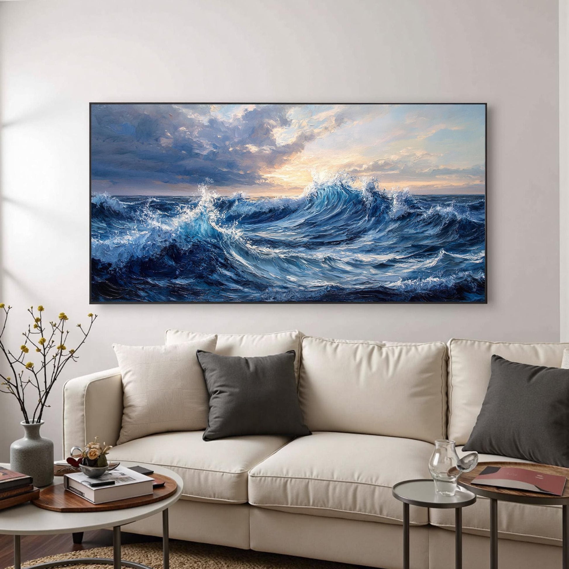 Abstract Ocean Wave Impasto Oil Painting, Blue Sunrise Seascape Wall Art – Blue Ocean Wave Seascape Wall Art | Abstract Impas