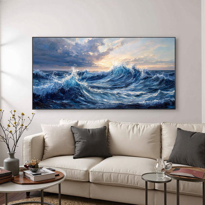 Abstract Ocean Wave Impasto Oil Painting, Blue Sunrise Seascape Wall Art – Blue Ocean Wave Seascape Wall Art | Abstract Impas