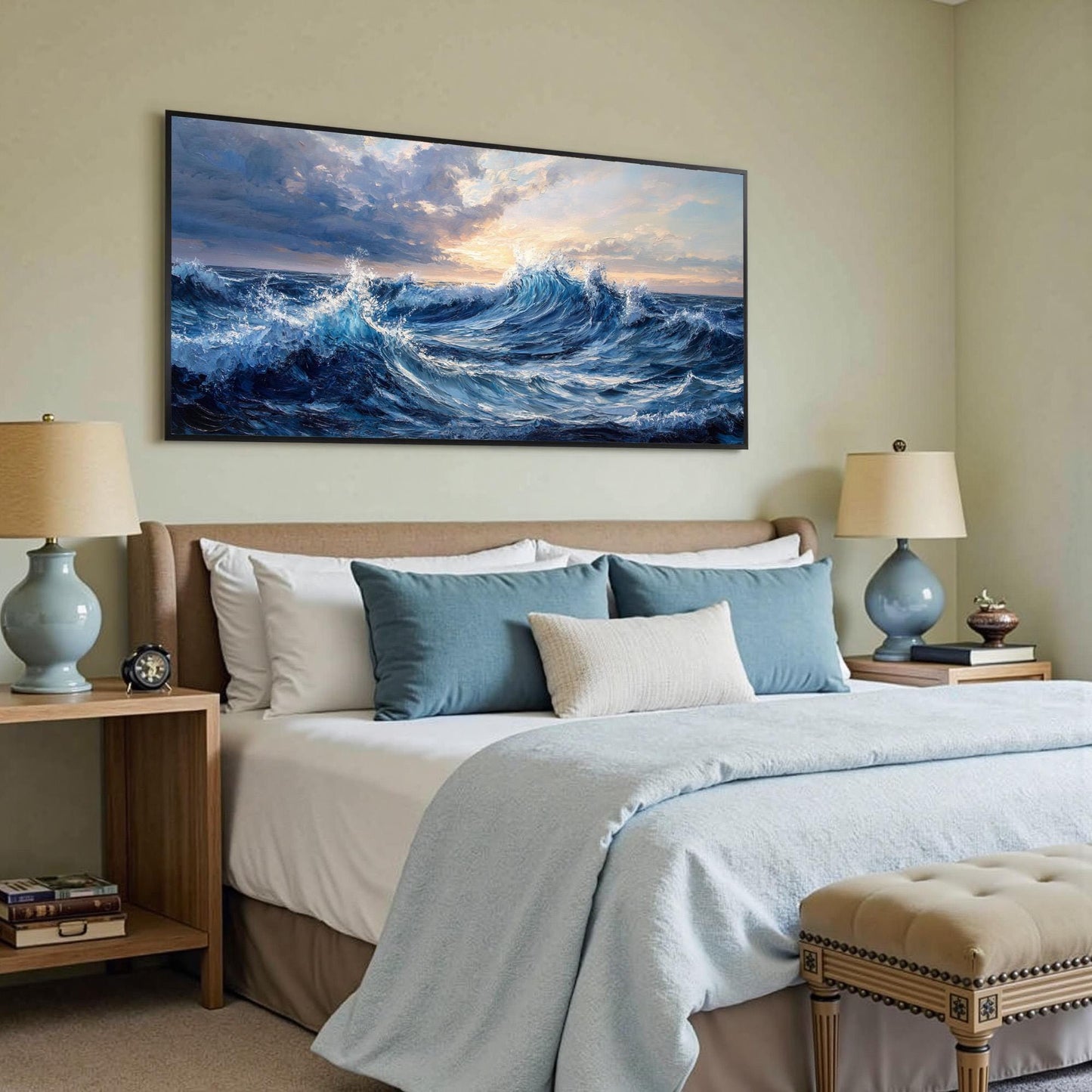 Blue Sunrise Ocean Wave Oil Painting – Abstract Impasto Seascape Wall Art