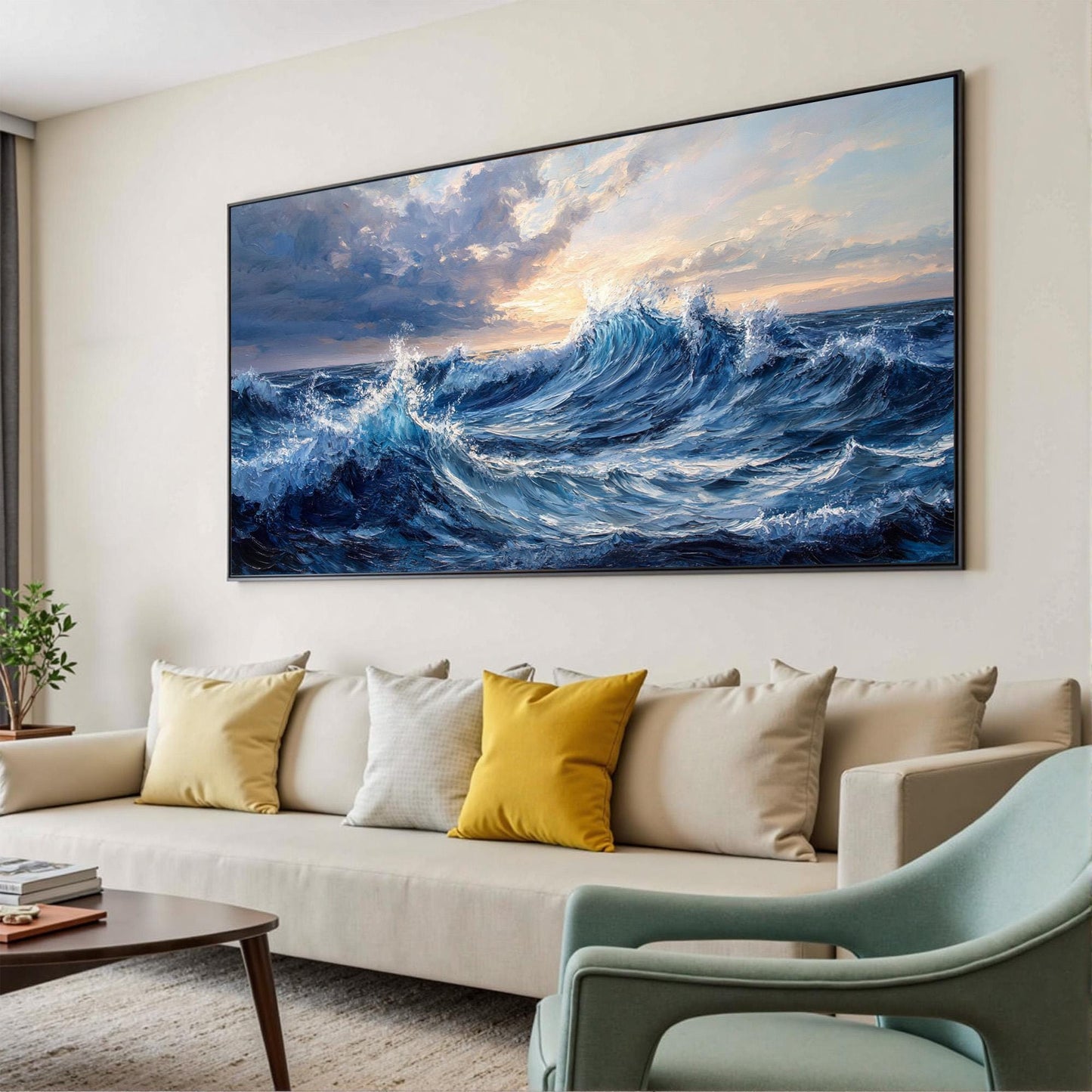 Blue Sunrise Ocean Wave Oil Painting – Abstract Impasto Seascape Wall Art