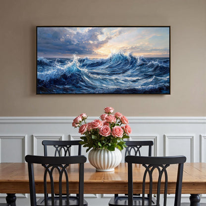 Blue Sunrise Ocean Wave Oil Painting – Abstract Impasto Seascape Wall Art