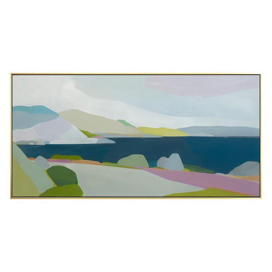 May include: Abstract landscape painting with a gold frame. The artwork features a coastal scene with a dark blue sea, rolling hills in shades of green, lavender, and yellow, and a pink and green foreground.