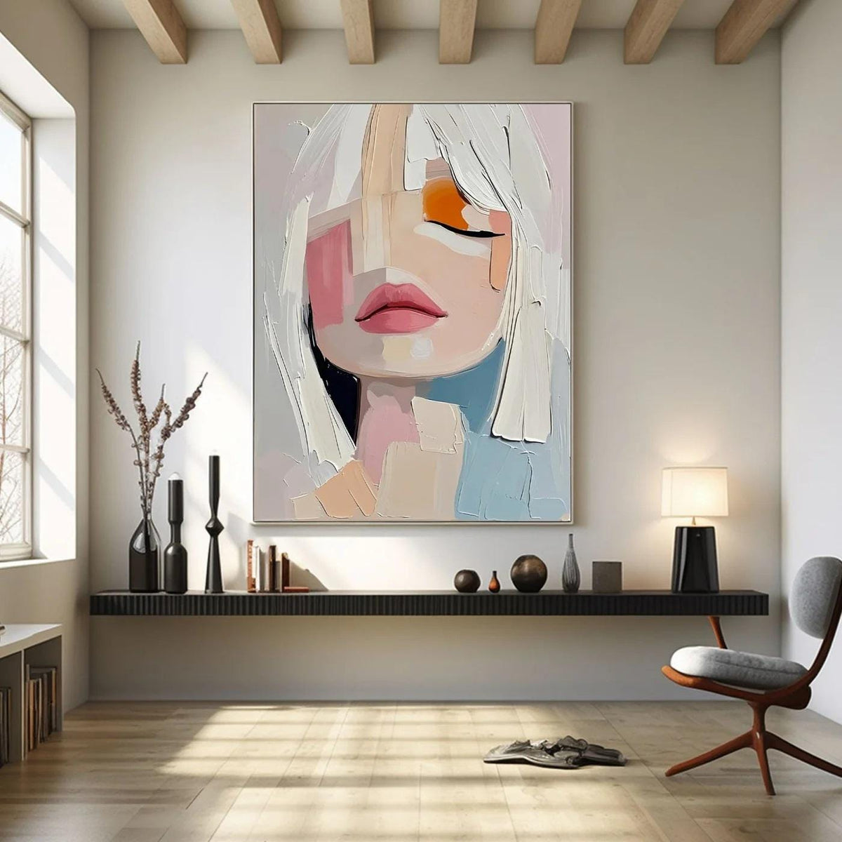 May include: Abstract portrait painting of a woman with closed eyes. The artwork features a palette of soft colors, including pink, peach, white, and blue. The woman's lips are a vibrant pink, and her hair is white.