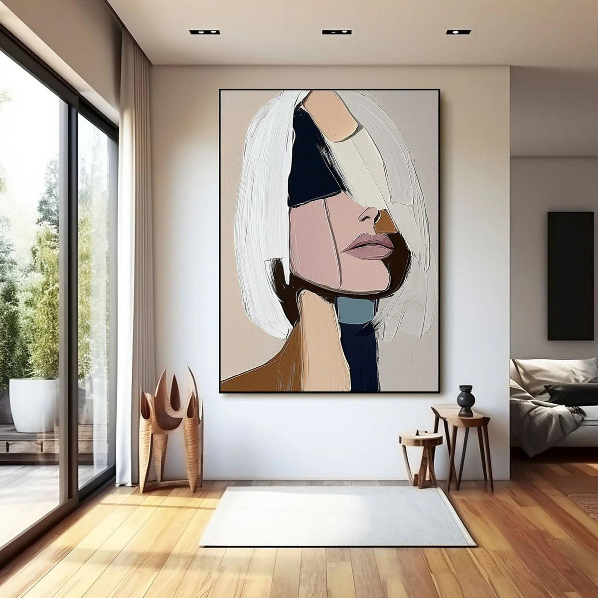 May include: Abstract portrait painting featuring a woman's face with a modern, minimalist style. The artwork uses a palette of neutral tones, including beige, white, and brown, with accents of navy and pink. The woman's face is partially obscured by white brushstrokes.