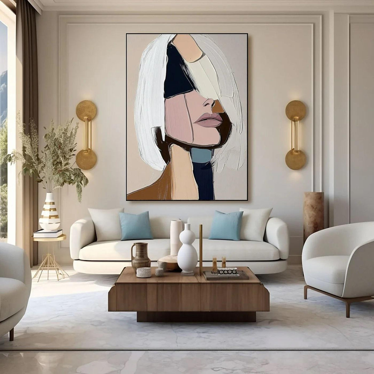 May include: Abstract portrait painting featuring a woman's face with geometric shapes in white, pink, navy, and beige. The artwork is displayed above a white sofa with blue pillows, enhancing the modern interior design.