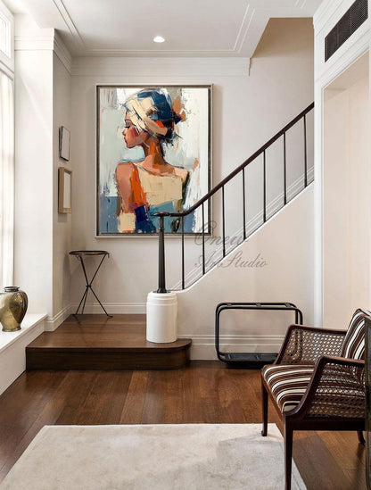 Large Abstract Lady Canvas Wall Art, Hand-painted Woman Figure Oil Painting on Canvas, Modern Figure Wall Art for Living Room, Home Décor