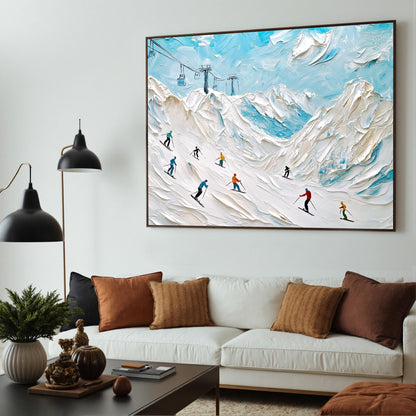 Textured Alpine Skiing Oil Painting, Snowy Mountain Canvas Wall Art – Colorful Alpine Mountain Wall Art | Textured Oil Painti