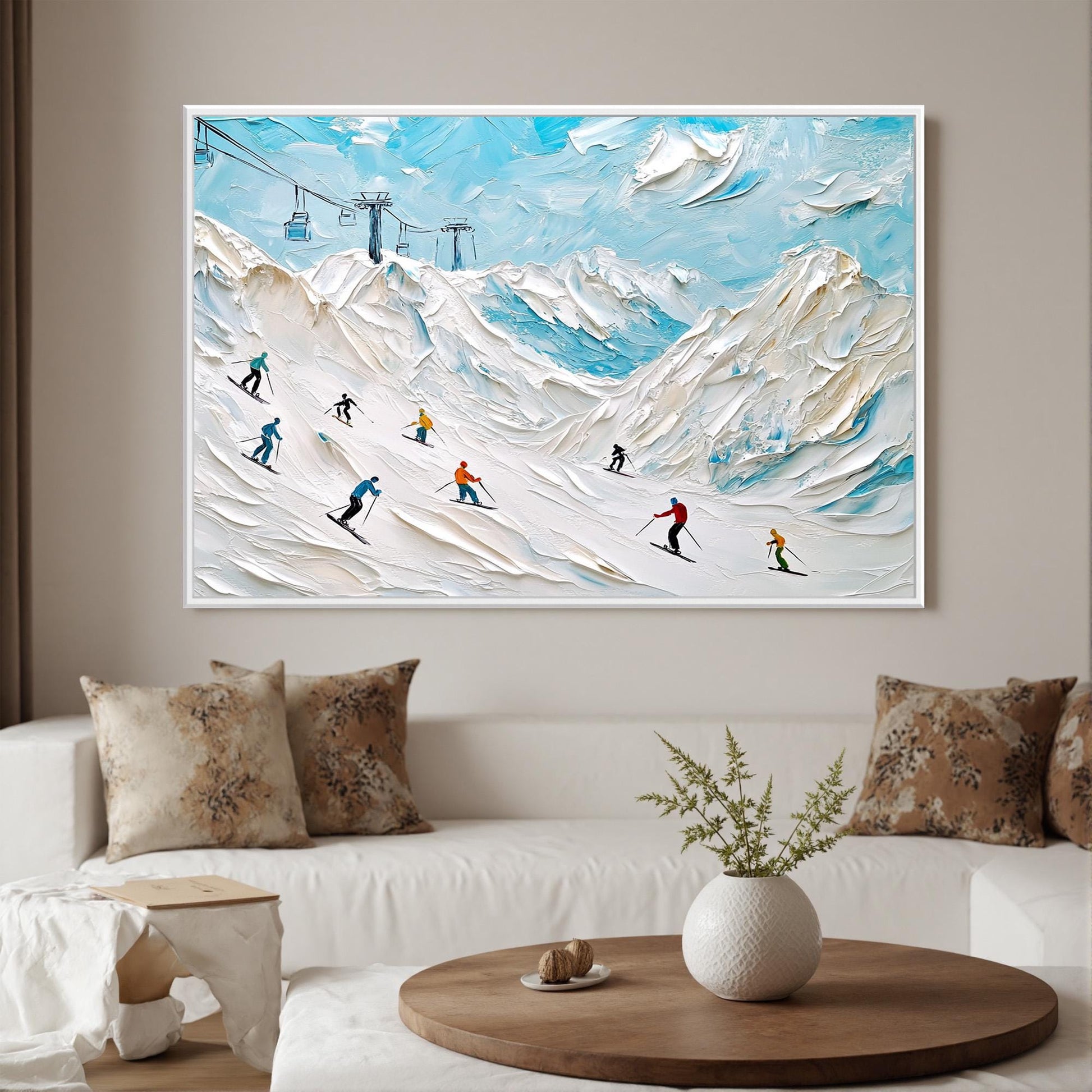 Textured Alpine Skiing Oil Painting, Snowy Mountain Canvas Wall Art – Colorful Alpine Mountain Wall Art | Textured Oil Painti