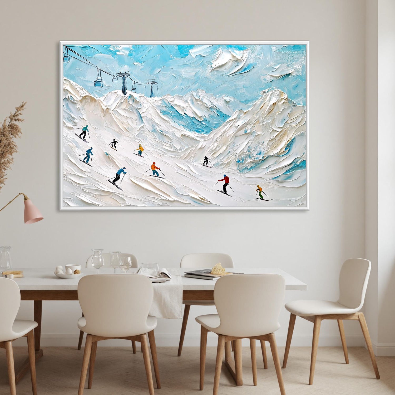 Textured Alpine Skiing Oil Painting, Snowy Mountain Canvas Wall Art – Colorful Alpine Mountain Wall Art | Textured Oil Painti