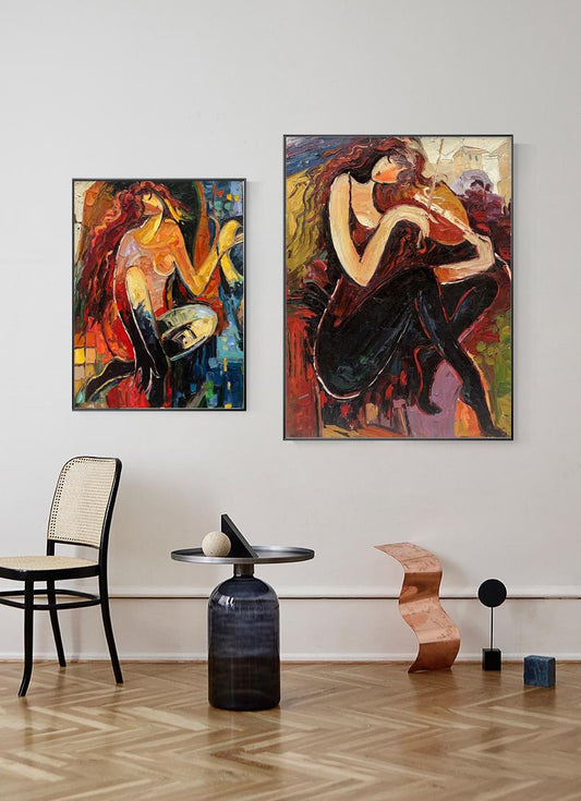 Large Abstract Lady and Violin Canvas Wall Art, Hand-painted Woman Figure Oil Painting on Canvas, Modern Textured Wall Art for Living Room