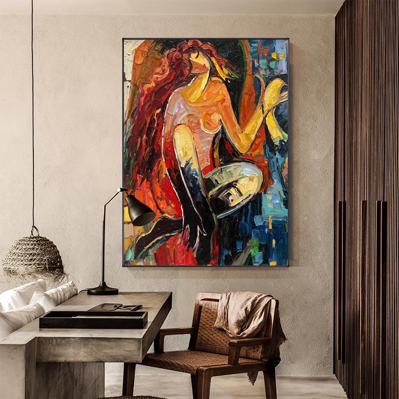 Large Abstract Lady and Violin Canvas Wall Art, Hand-painted Woman Figure Oil Painting on Canvas, Modern Textured Wall Art for Living Room