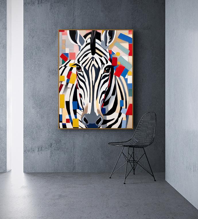 May include: A framed artwork featuring a stylized zebra portrait. The zebra has black and white stripes, a gray nose, and brown eyes. The background is a colorful abstract design with red, blue, yellow, and white shapes. The artwork is displayed on a gray wall.