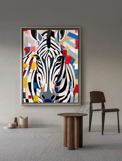 May include: A framed artwork featuring a stylized zebra portrait with black and white stripes. The background is a colorful abstract design with red, blue, yellow, and white geometric shapes. The artwork is displayed in a room with a wooden table and chair.