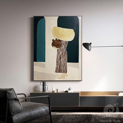 May include: Abstract painting featuring a figure carrying a large basket and a brown jug. The figure is dressed in a striped garment. The background includes teal arches and a neutral color palette.