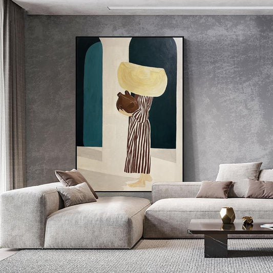 May include: Abstract painting featuring a figure carrying vessels, set against a backdrop of teal and white arches. The figure is dressed in a striped garment. The artwork is framed and displayed in a modern living room setting.