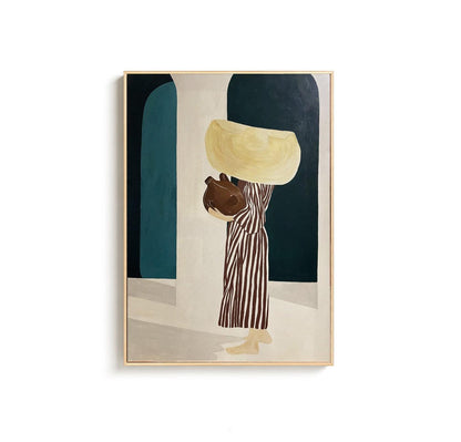 May include: Abstract art print featuring a figure in a striped dress carrying a large, light-yellow hat and a brown jug. The background includes teal and dark blue archways and a neutral color palette, framed in a light wood.