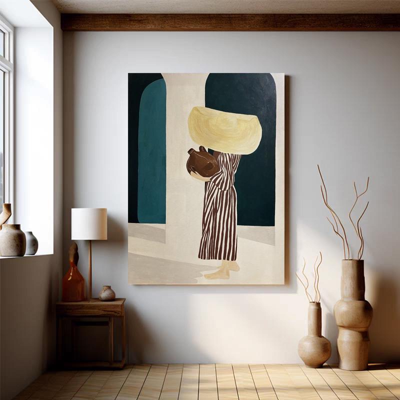 May include: An abstract painting depicts a figure carrying vessels, set against a backdrop of teal and beige arches. The figure wears a striped dress. The artwork is displayed in a room with a wooden floor, a side table, and decorative vases.
