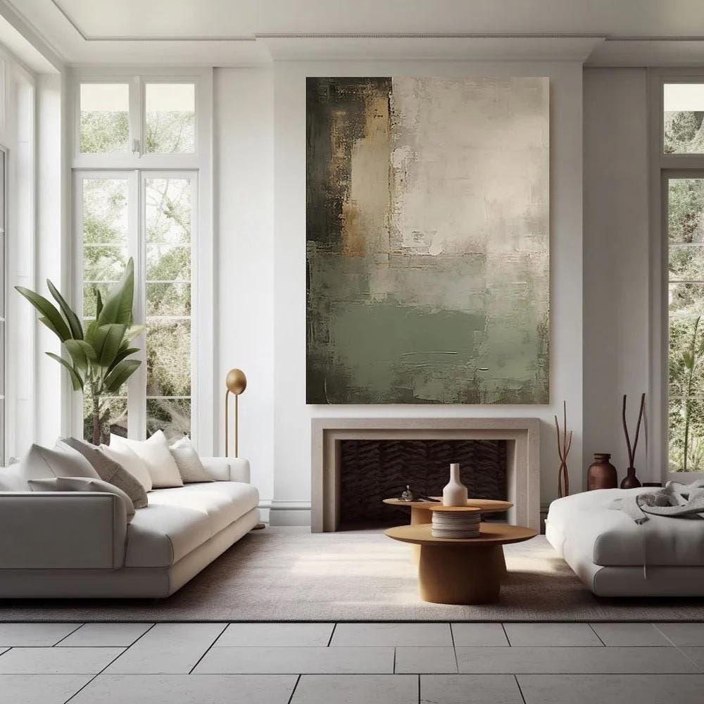 Green and Grey Abstract Oil Painting on Canvas, Original Hand-painted Canvas Wall Art, Modern Textured Wall Art for Living Room, Home Decor
